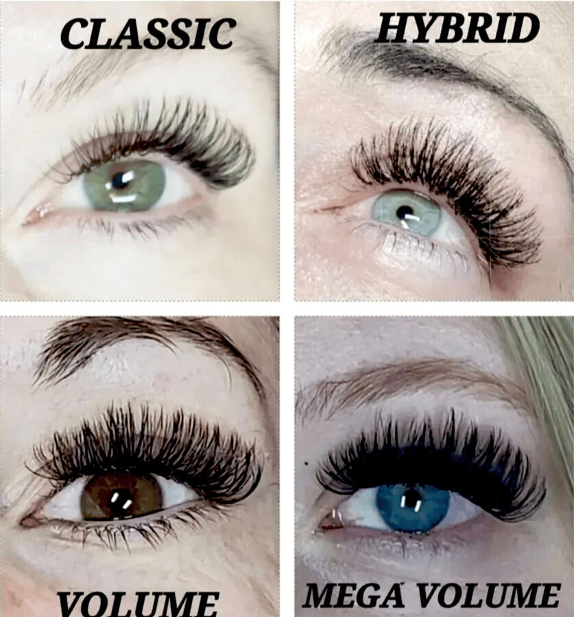 Comparison photo showing four styles of eyelash extensions: Classic, Hybrid, Volume, and Mega Volume on different clients’ eyes.