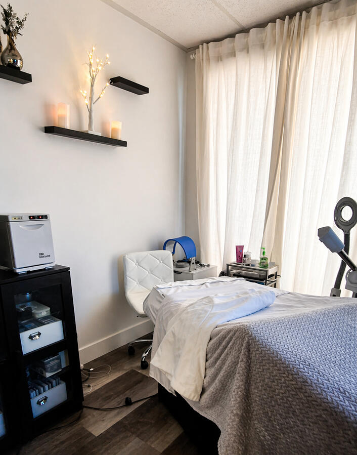 Modern beauty spa treatment room at Anita Spa Studio in Salt Lake City featuring facial bed, lash equipment, and relaxing minimalist decor.