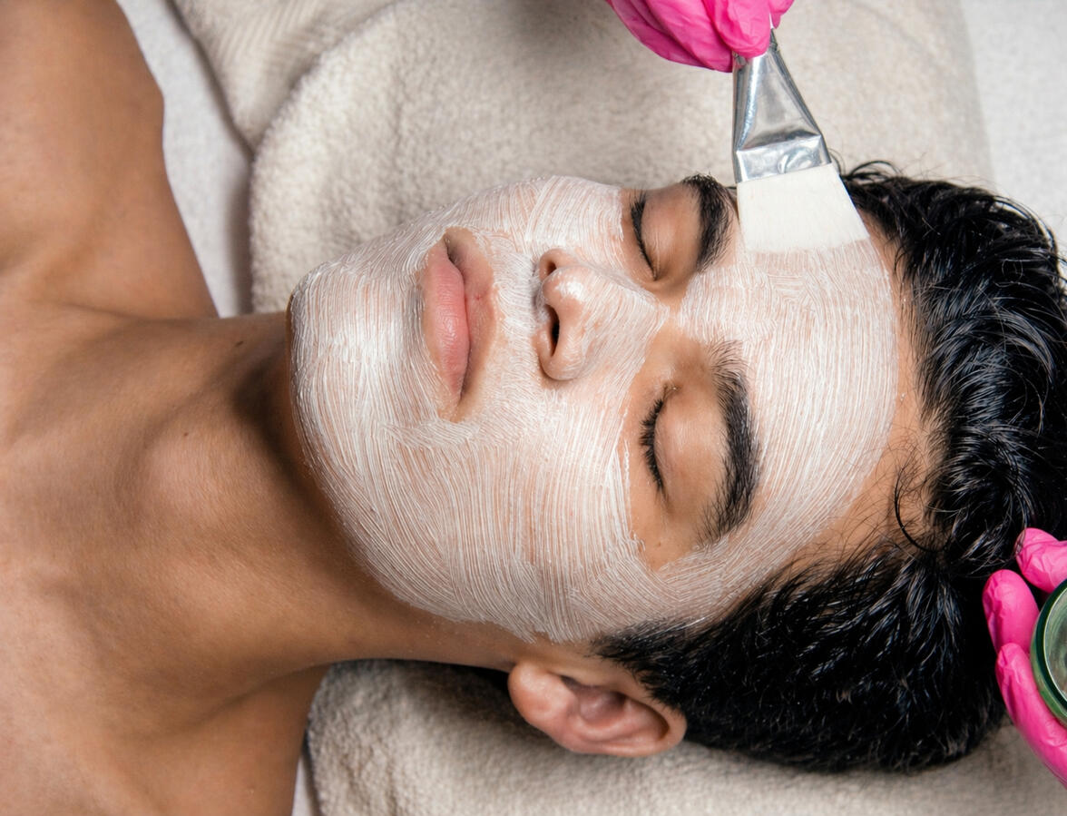 Untitlecloseupspabeautytreatmentsceneayoungadultd Man receiving facial mask treatment with wide brush in spa